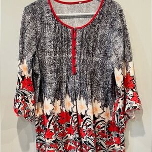 Floral Print Women's Blouse - Red and Black